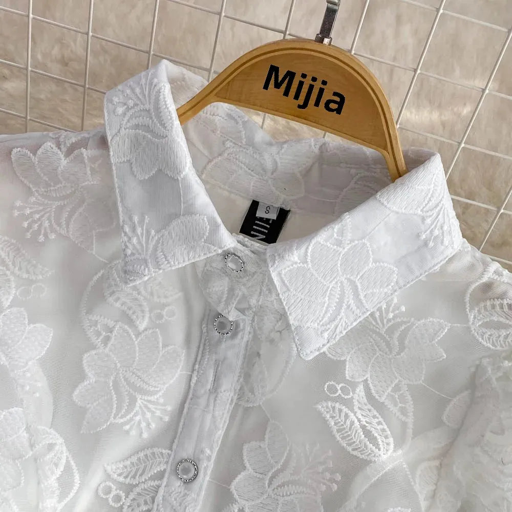 Vintage Elegant Lapel Single-Breasted White Embroidery Puff Sleeve A- Line Cake Dress Cross-Border Summer 2022