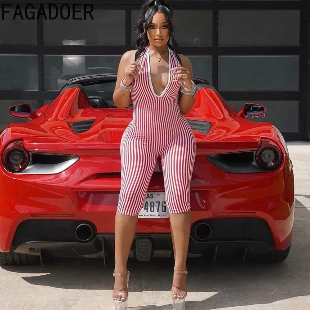 FAGADOER Casual Striped Patchwork Bodycon Romper Women Red Halter Deep V-neck Backless Jumpsuit Female Streetwear Overalls New
