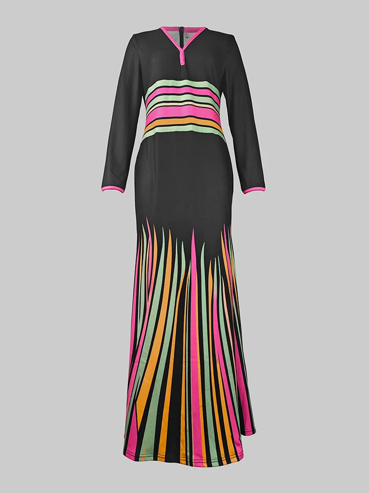 2025 Ladies Bodycon Dress V-neck Long Sleeves Colorful Striped Evening Dresses for Women High Waist Pleated Dress