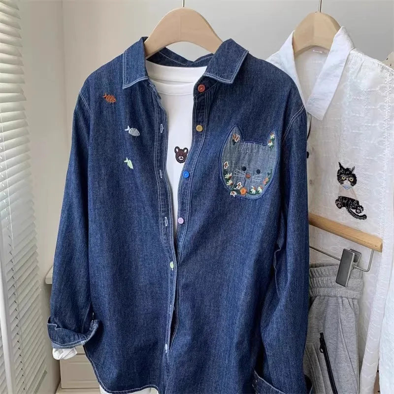 Korean retro dark blue denim long-sleeved shirt women's spring and autumn new fashion plus size loose coat embroidered shirt top