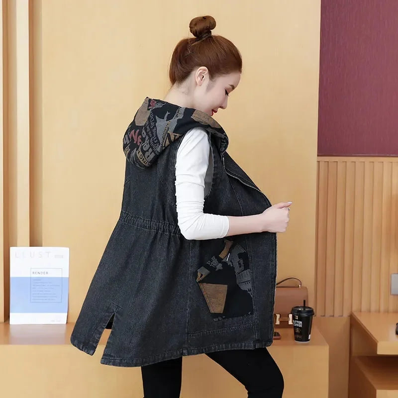 Mid-length Waist Collection Slimming Hooded Cowboy Vest Female 2024 Spring Autumn Korean Version Casual All-matching Vest Coat X