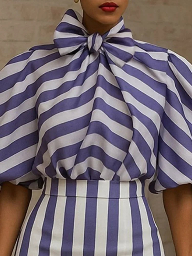 Beautyblue Blue Striped Shirts for Women Commuter Blouses 2025 Elegant Loose Bow Tie Puff Sleeves Bowknot High Neck Female Tops