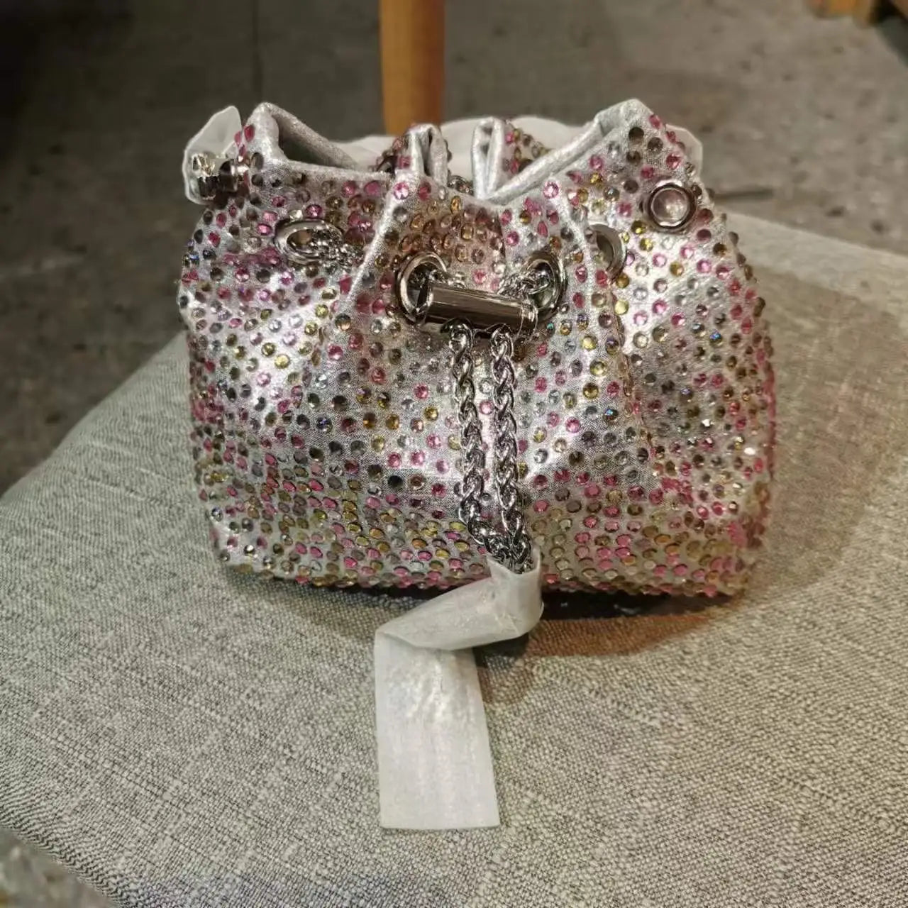 Crystal Shiny Diamonds Bucket Bag Fashion Women Handbag Metal Ring Handle Evening Bag Wedding Party Clutch Purse Crossbody Bag