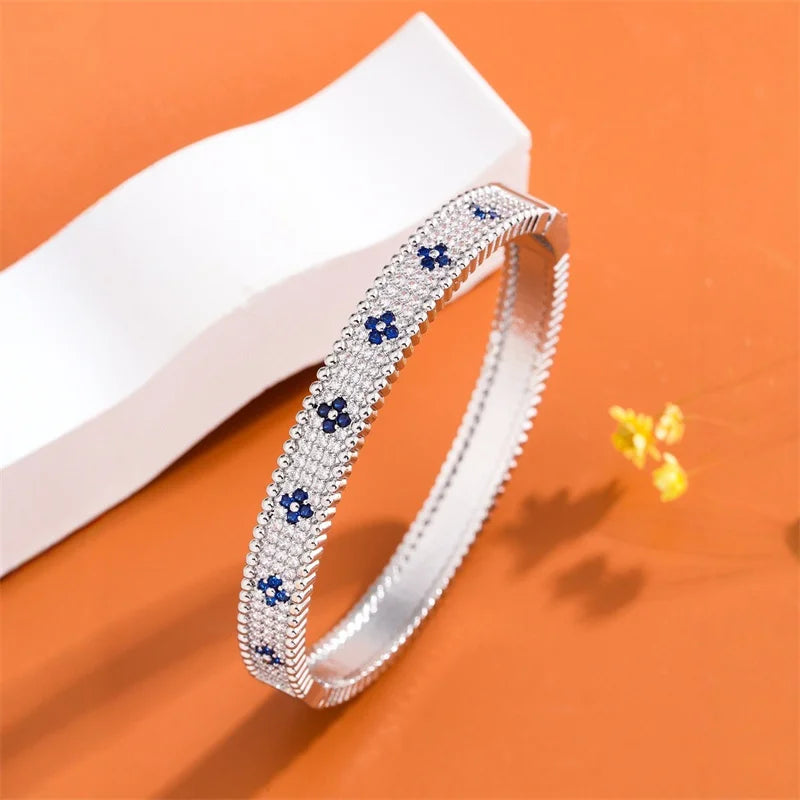 Blue Lucky Flower Gold Tone Rhinestone Bangle Bracelet for Women