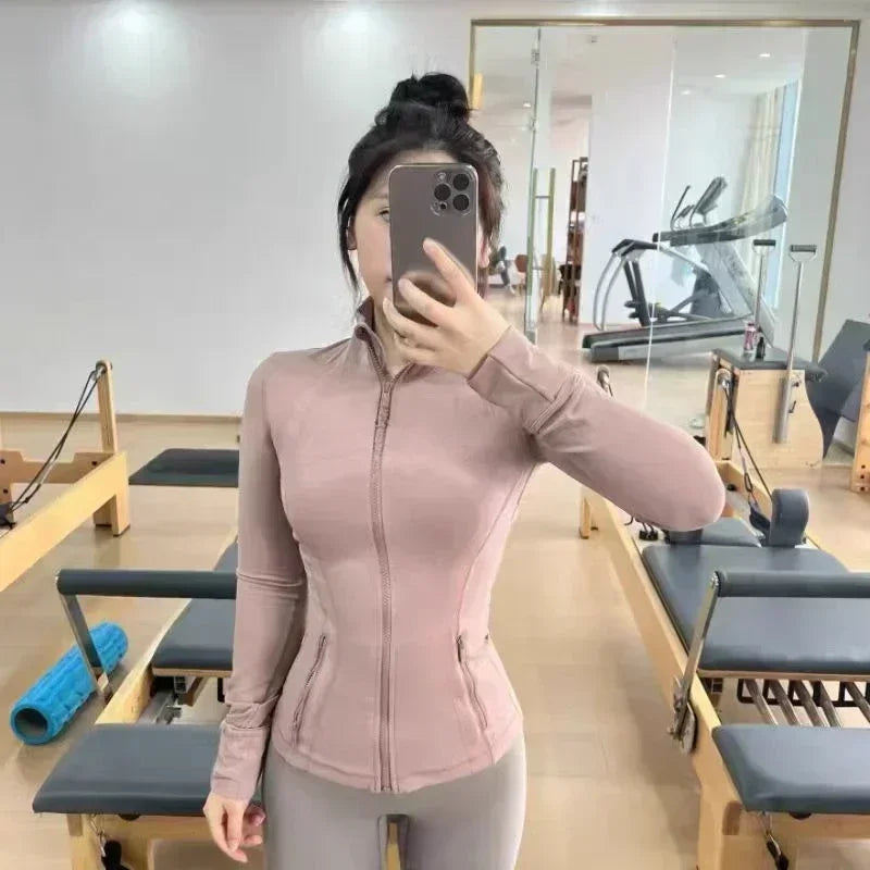 2025 Women's Fitness Jacket Long Sleeve Zip Up High Elastic Yoga Running Top with Pockets for Gym Workout Athletic Wear