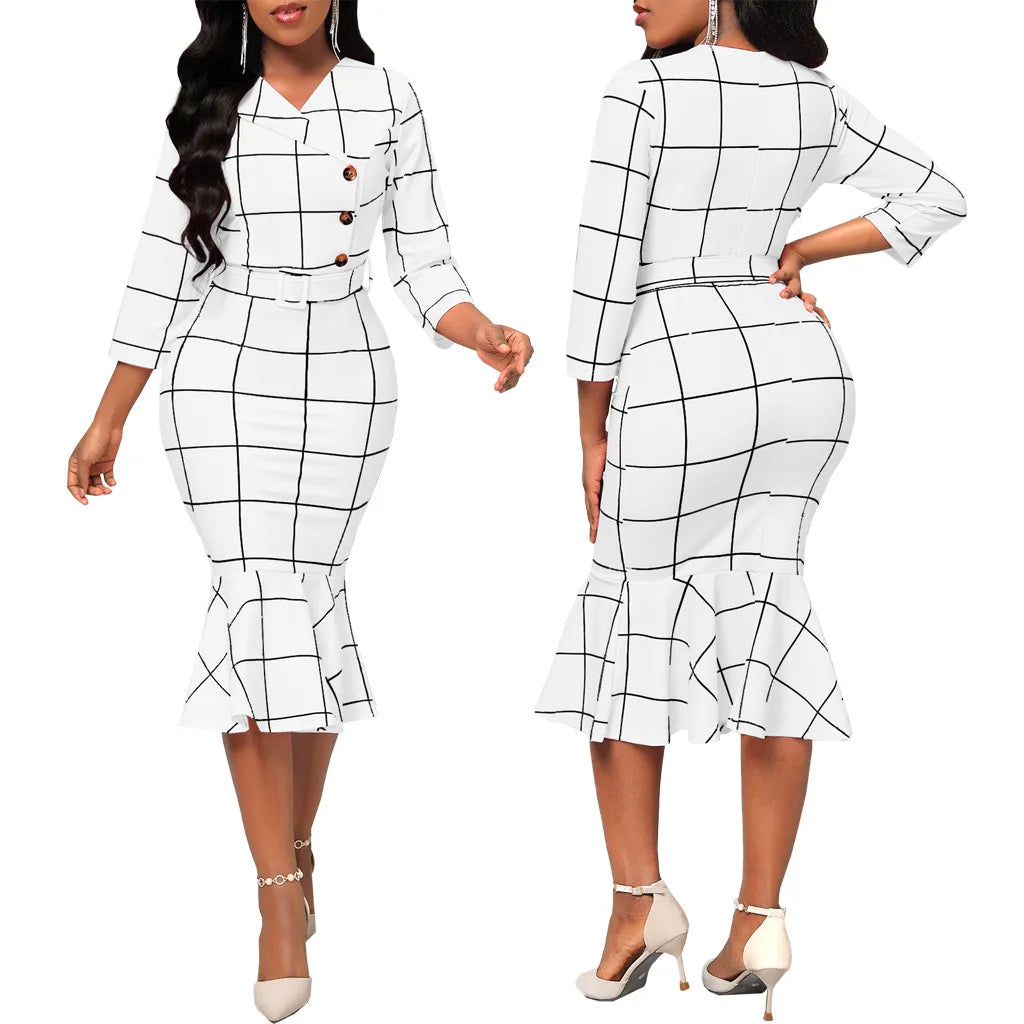 Sexy fashion solid color seven-quarter sleeve small V-neck women's dress SMR12189