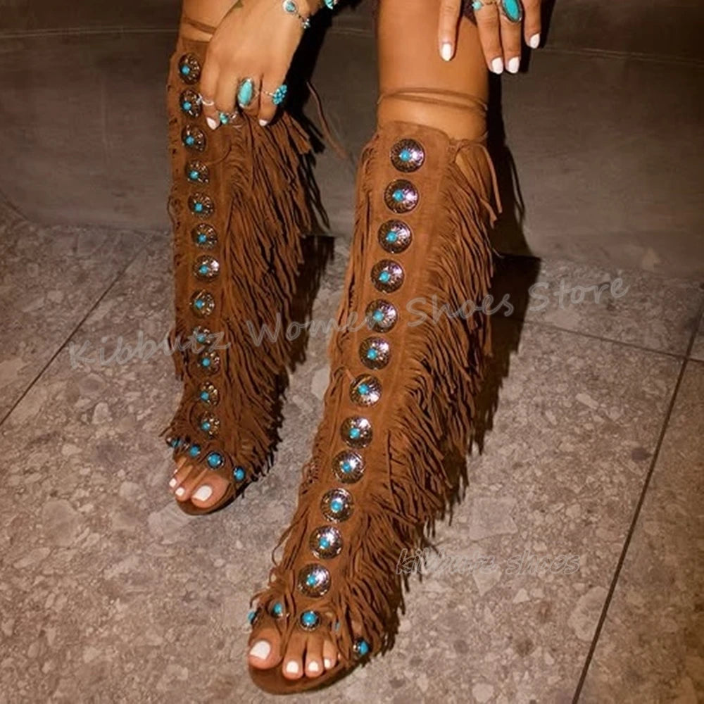 Suede Tassels Sandals Knee High Boots Crystal Glossy Solid Color Cross Strap Fashion Luxury Elegant Concise Women Shoes Newest