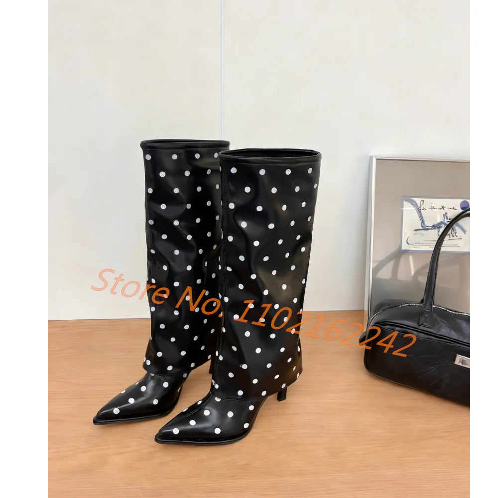 Polka Dot Pointed Toe Stiletto Knee High Boots for Women