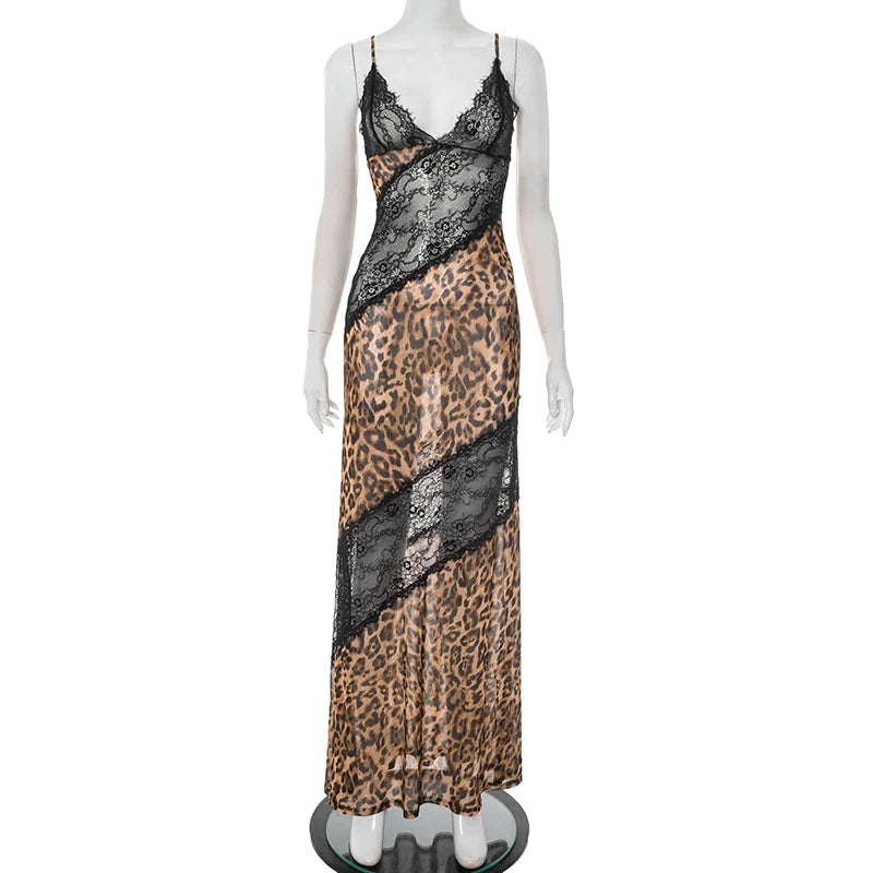 Weird Puss Mesh Patchwork Mermaid Dress Women Leopard Print Sexy Low-Neck Cleavage Backless Ruched Midnight Fashion Long Bodycon