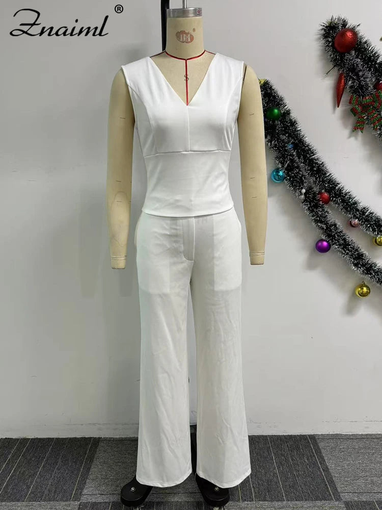 Znaiml Casual Wide Leg Pants Set Women Summer Sleeveless V Neck Backless Bowknot Tops Two 2 Piece Outfits Elegant Vacation 2025