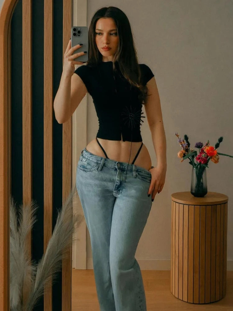 Weird Puss Tassel Applique Crop Tops Women Single-Breasted Half-High Neck Tassel Midnight Hottie Versatile Street Skinny T-Shirt