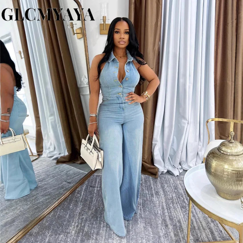 CM.YAYA Women Denim Sleeveless Single Breasted Wide Leg Jeans Jumpsuit Halter Neck Backless 2025 Summer One Piece Suit Playsuits