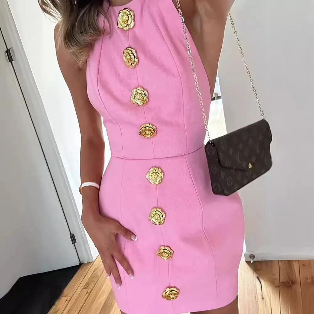Elegant Rose Button Backless Sleeveless Mini Dress for Women