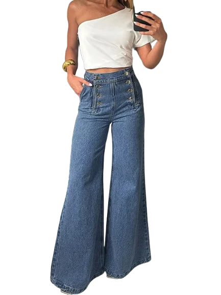 Beautyblue Fashion Women's Jeans Button Baggy Denim Jeans Pants High Waist Casual Classic Blue Wide Leg Trouser Female Y2K Punk