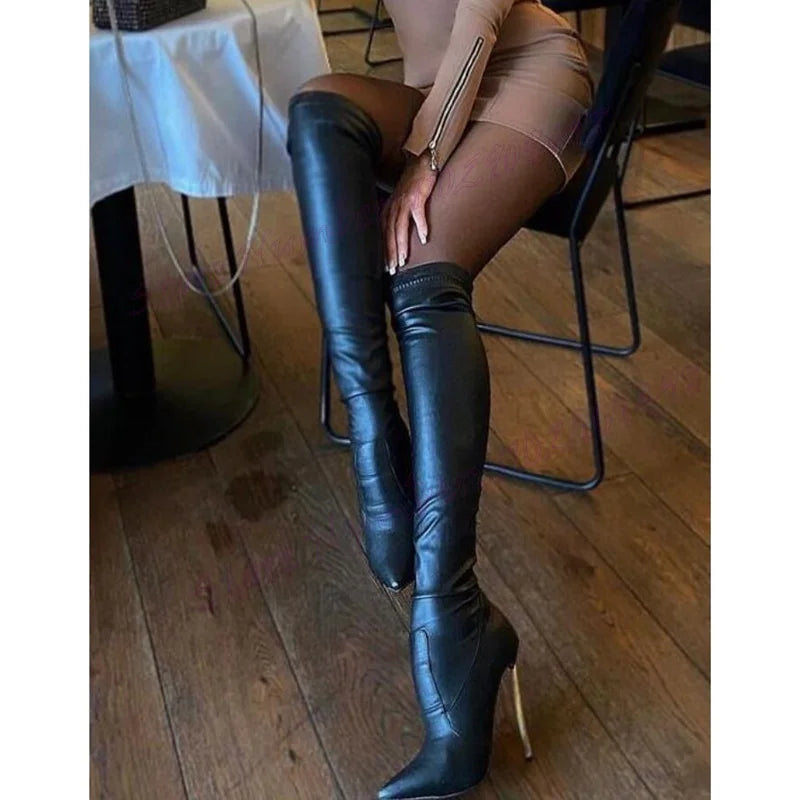 Black Metal Heels Knee High Boots Matte Leather Elastic Pointy Toe Shoes for Women High Heel Sexy Shoes 2025 Zapatos Para Mujere