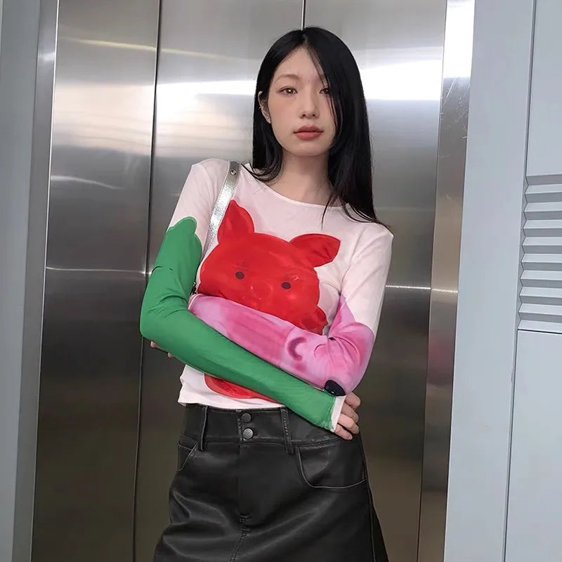 Karrram Y2k Aesthetics Mesh Tops Japanese Harajuku Cartoon Print T-shirt 2000s Vintage Cute T Shirt Korean Style Dopamine Tops