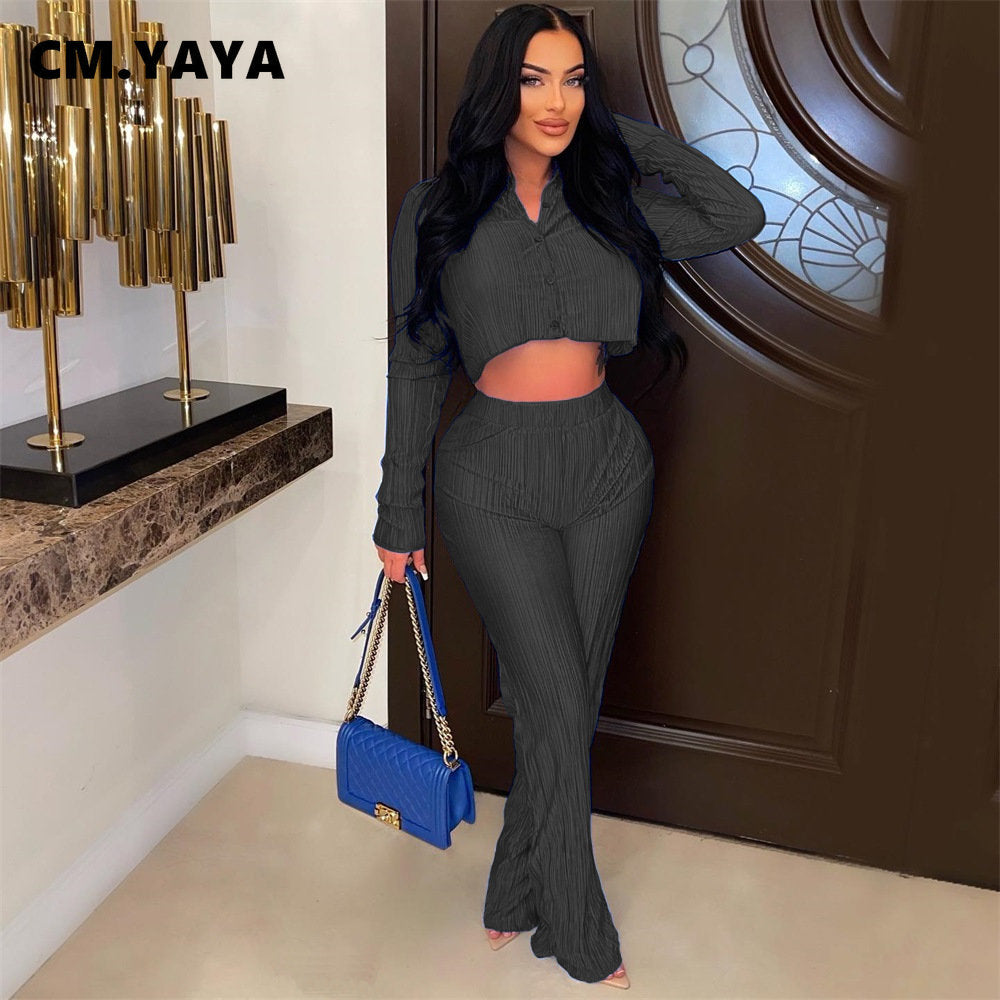 CM.YAYA Street Pleated Women's Set Long Sleeve Mini Blouse Shirt and Straight Pants Suit 2023 Two 2 Piece Set Outfits Tracksuit
