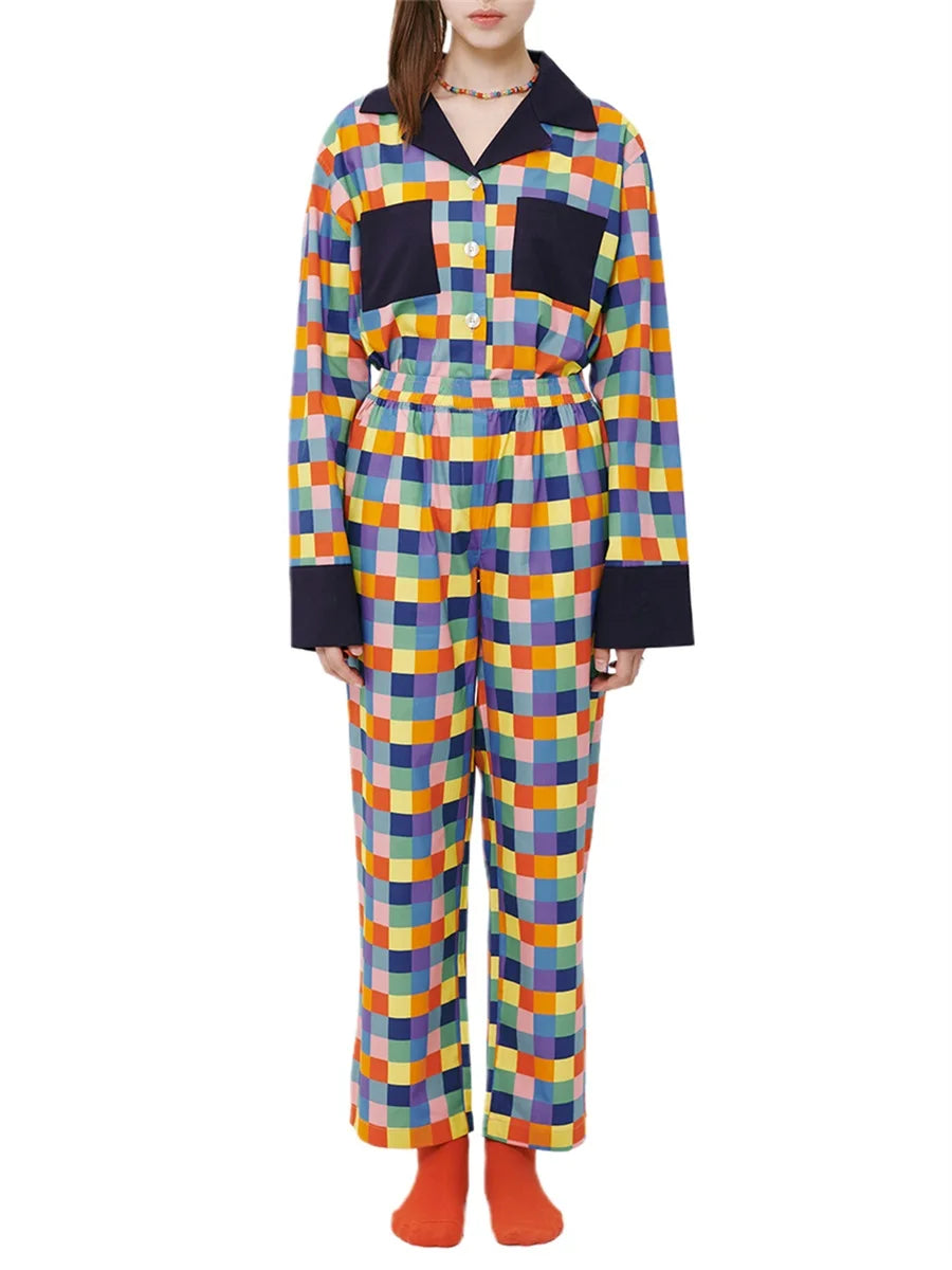 Women 2 Piece Pajamas Set Colorful Plaid Print Long Sleeve Button up Shirt and Elastic Pants for Loungewear Soft Sleepwear Pjs