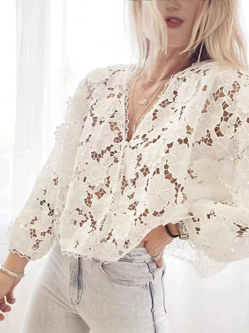 Summer Hollow Out Lace Loose Blouse Women V Neck Lace Flowers Single Breasted Long Sleeve Crop Tops Streetwear Fashion Shirts