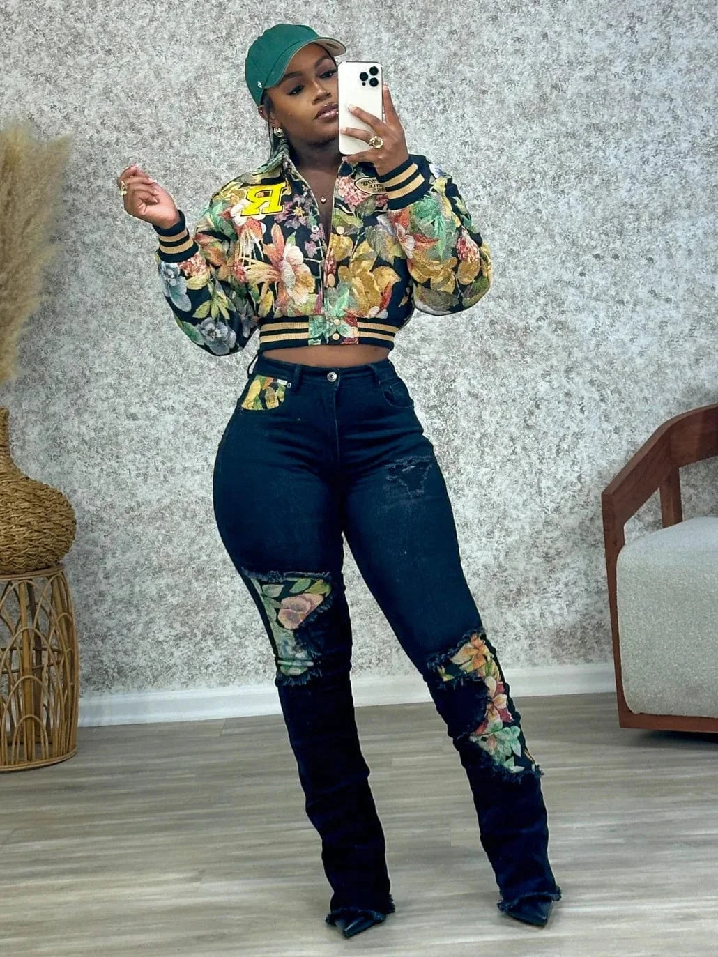 Streetwear Floral Print Short Jacket Sexy Women Turn Down Collar Elegant High Street Club Coat Outerwear