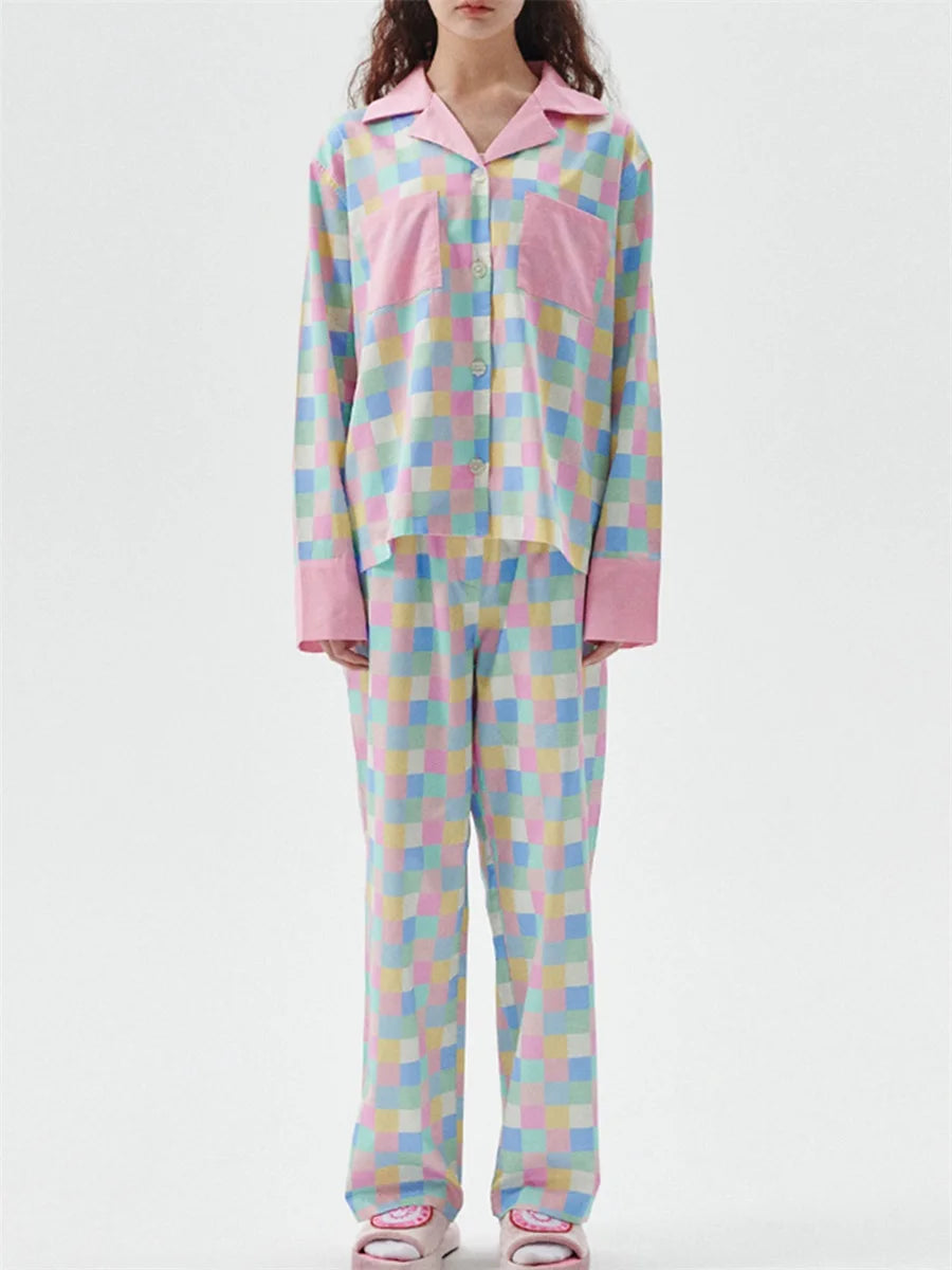 Women 2 Piece Pajamas Set Colorful Plaid Print Long Sleeve Button up Shirt and Elastic Pants for Loungewear Soft Sleepwear Pjs