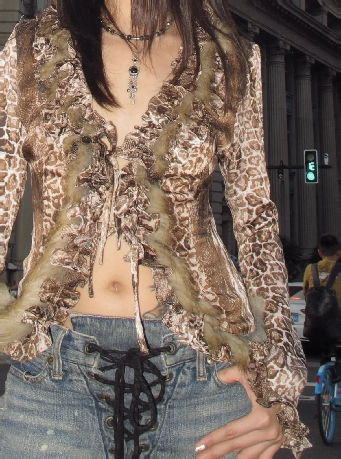 Karrram Japanese Y2k Leopard Print Shirt Vintage Harajuku Fur Shirt Grunge Aesthetics V-neck Irregular Blouses American Retro