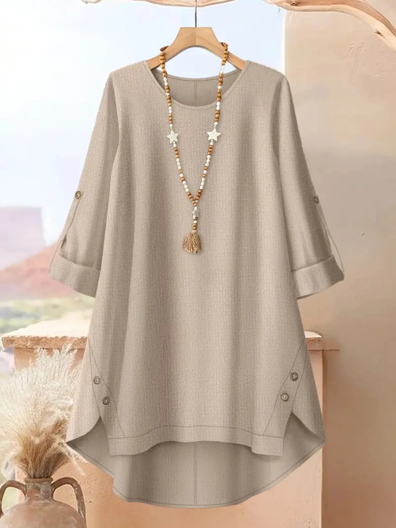Women Round Neck Long Sleeve Plain Top And Floral Printed Wide Leg Pants For Casual Resort Vacation And Daily Occasion