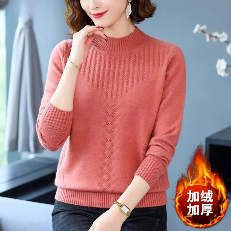2025 Autumn New Mom's Velvet And Warm Knitted Embroidered Bottom Shirts Imitation Mink Fleece Winter Inner Plsh Thick Pullover
