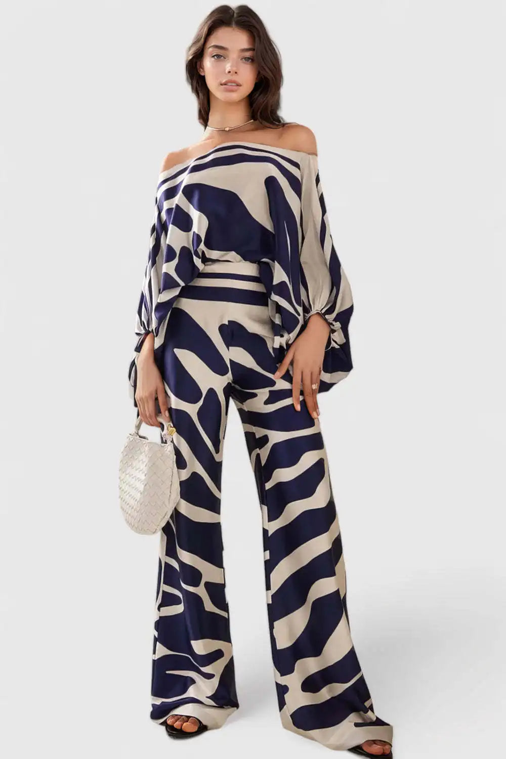CM.YAYA Women Set Full Batwing Sleeve Slash Neck print Top + Wide Leg Pants Summer Street Two 2 Piece Sets Sexy Outfit Tracksuit