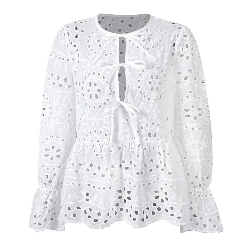 Women's Solid Boho Hollow Out Lace Up Lantern Sleeve Ruffle Blouse Autumn Ladies Casual Loose Holiday Vacation Tops Size S-2XL