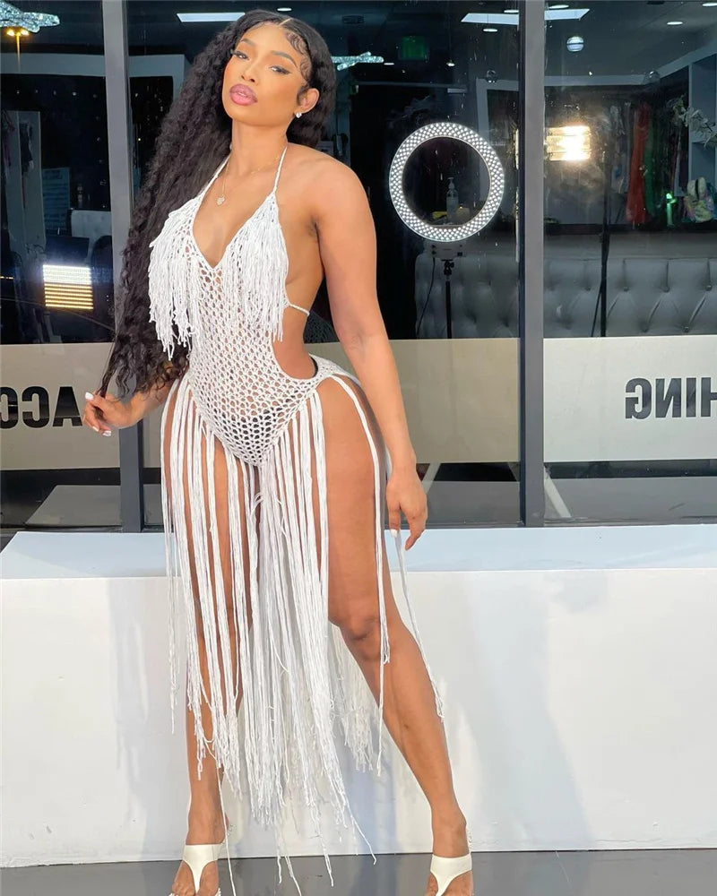 Sexy Crochet Knitted Beach Summer Dress Women Halter V-neck Tassel Backless Maxi Dress Vacation Sheer Long Dresses Swimsuit 2022
