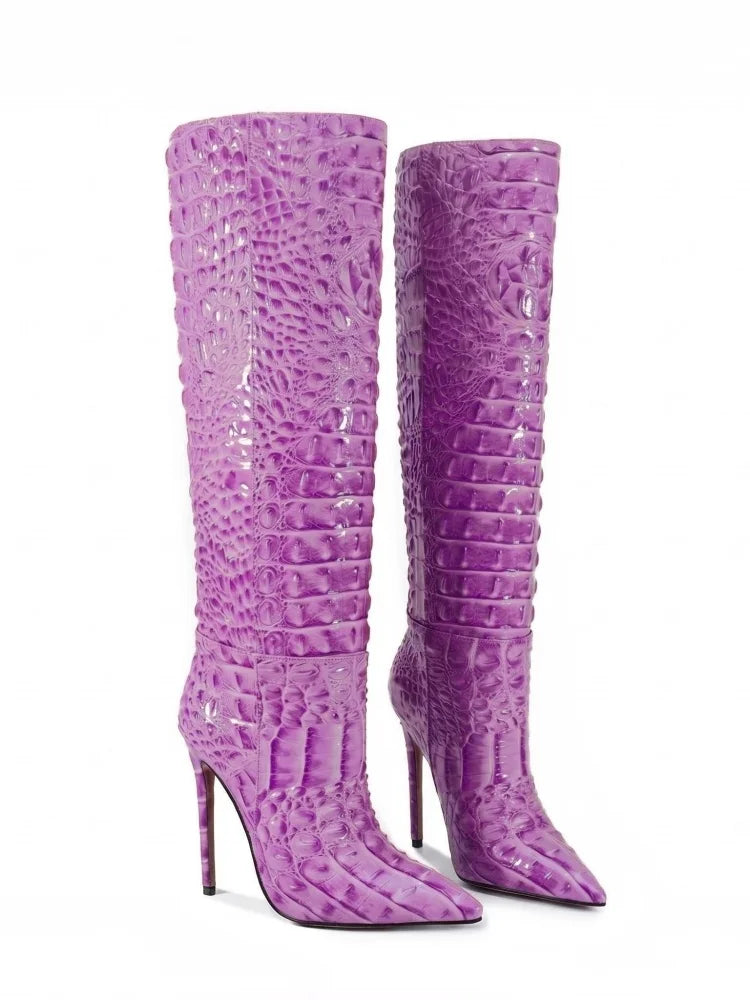 Crocodile Embossed Knee High Stiletto Boots for Women