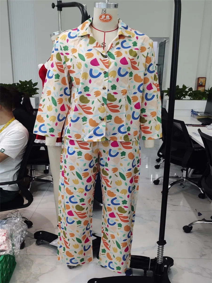 Women Pajamas Set 2 Pieces Loungewear Suits Fashion Print Button up Long Sleeve Tops and Elastic Pants Sleepwear Outfits Pjs