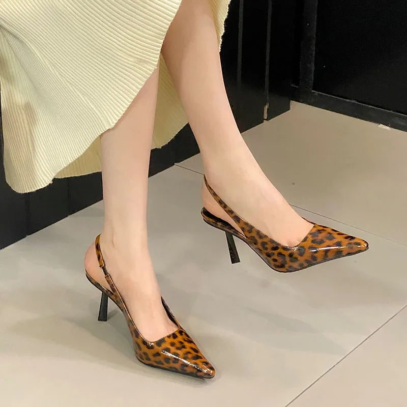 Fashion Pointed Toe Ladies High Heels Sandals Shoes Female Slip On Footwear Leopard Print Women Heeled Sandals Shoes Pumps