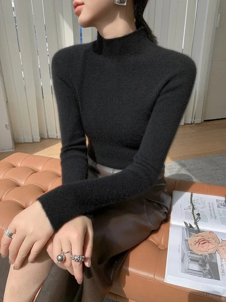 Women 100% Cashmere Sweater Mock Neck Pullover Autumn Winter Slim Basic Cashmere Knitwear Soft Warm High Strecth Pullover Tops