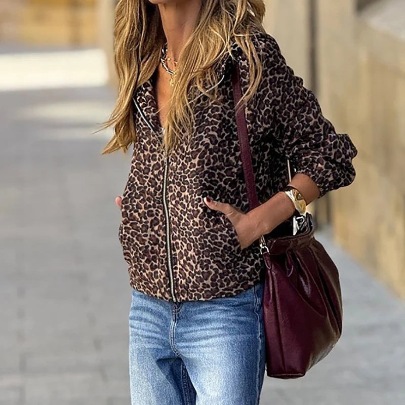 Elegant Chic Long Sleeve Zipper Pocket Loose Jacket Female Outwear Streetwear 2025 Spring Autumn Women Leopard Print Hooded Coat