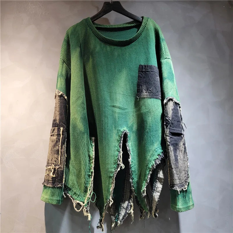YEAE women's pullover long-sleeved tie-dye irregular old patchwork retro loose denim sweater 2024 autumn new fashion