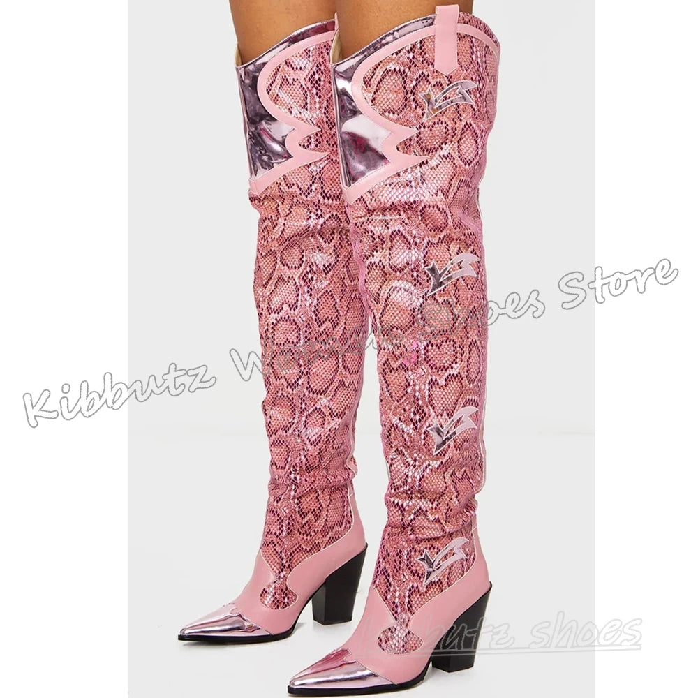 Embroidery Over The Knee Boots Cowboy Slip-On Pointy Chunky Heels Mixed Color Fashion Elegant Concise Novelty Women Shoes Newest