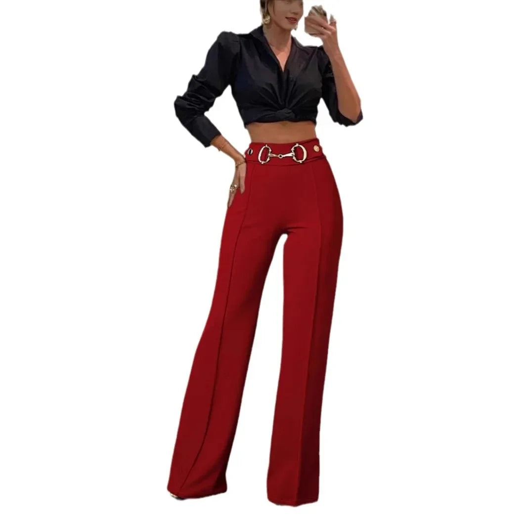 Fashionable High-Waisted Metal Buckle Decorated Solid Color Women's Straight-Leg Trousers New Style Independent Station Clothing