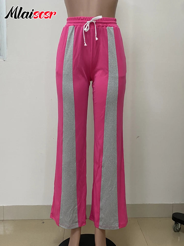 Mlaiscsr Fashion Pink Patchwork Loose Wide Leg Pants Women Drawstring High Waist Trousers Casual Streetwear Bottoms Sweatpants
