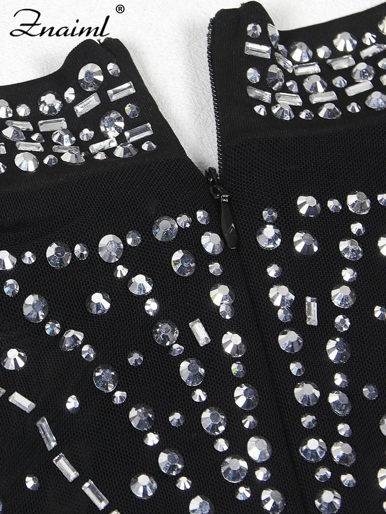 Znaiml Women's Short Jumpsuits Black Rhinestone Sleeveless Romper Birthday Mesh See Through Skinny One Pieces Playsuits Clubwear