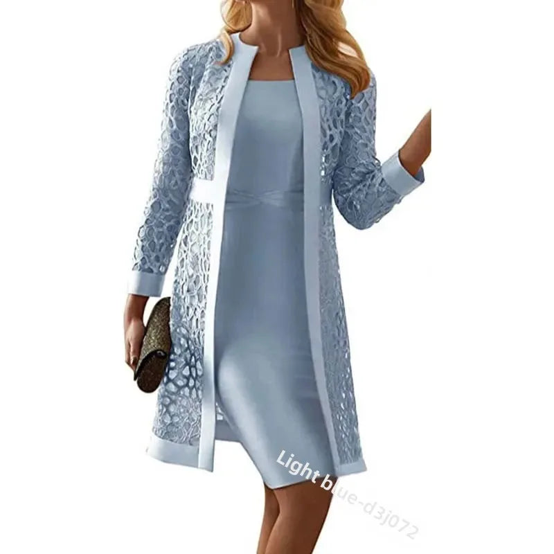 2025 Women's Lace Open Cardigan Dress Two-Piece Outfit Popular Wish Elegant Style Chinese Origin Fashionable Female Clothing