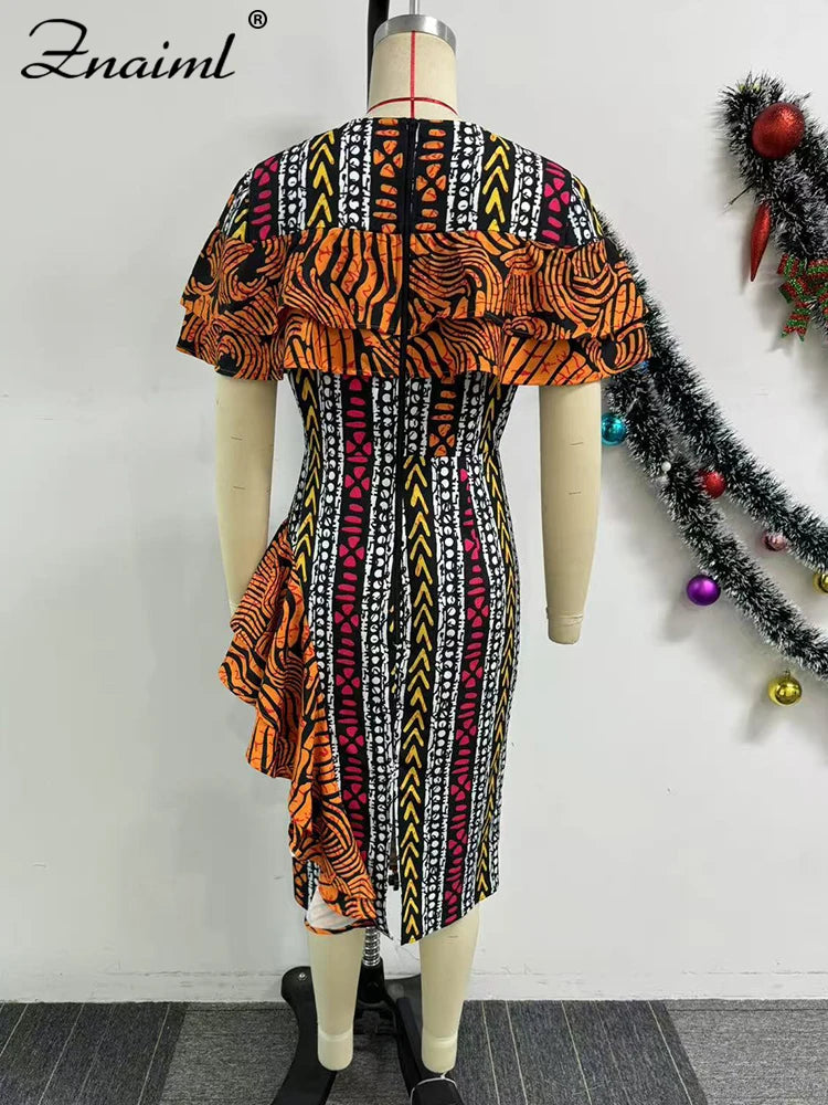 Znaiml African Festival Print Dresses Elegant Women Summer Short Sleeve Ruffles Bodycon Midi Dress Fashion Vacation Party Robe