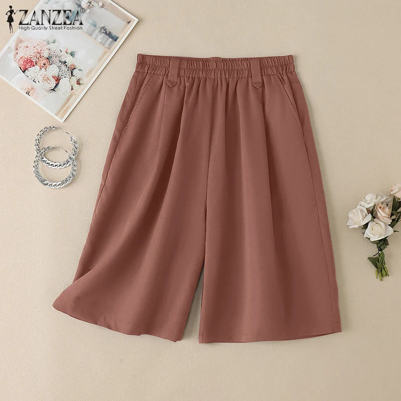 ZANZEA Woman Casual Mid-Length Shorts Elastic High Waist Loose Solid Wide Leg Pants 2025 Summer Holiday Comfort Weekend Shorts