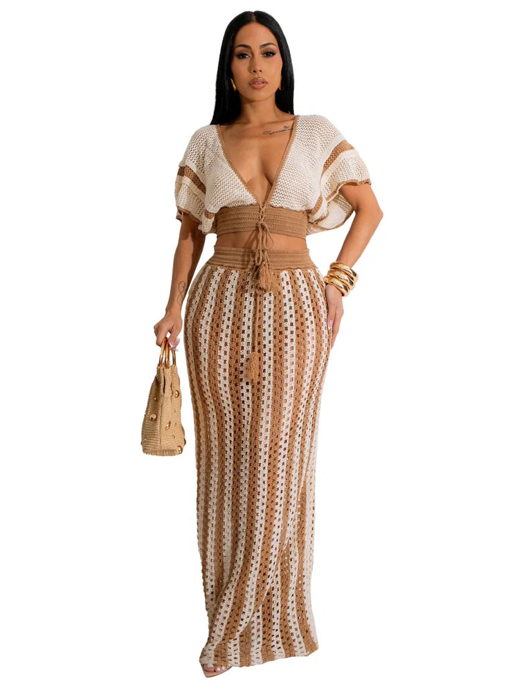 Wmstar Women Two Piece Set Sexy Elegant Knitted Crochet Beach Stripe Crop Tops Long Skirts Matching Set Holiday Birthday Outfits