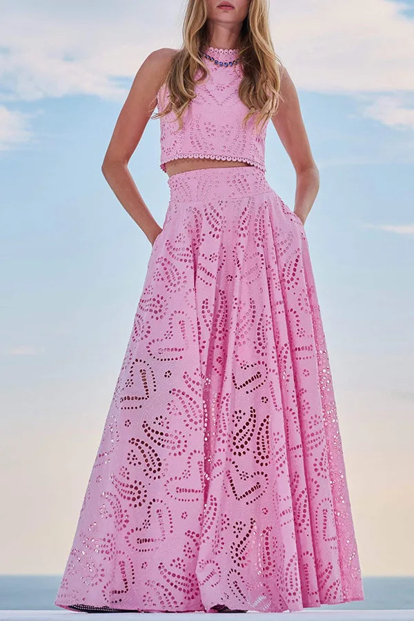 Women Hollow Out Sleeveless Embroidery Two-Piece Set 2025 O-Neck Blouse + Lace Pockets Skirt beach New Two Piece Set