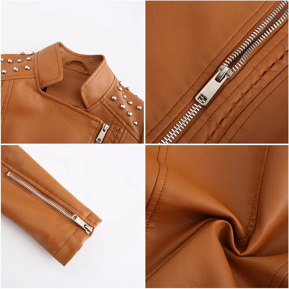 Women's Punk Rivet Leather Jacket Spring Autumn Retro Turndown Collar Slim Casual Ladies Faux Soft Leather Moto Biker Outerwear