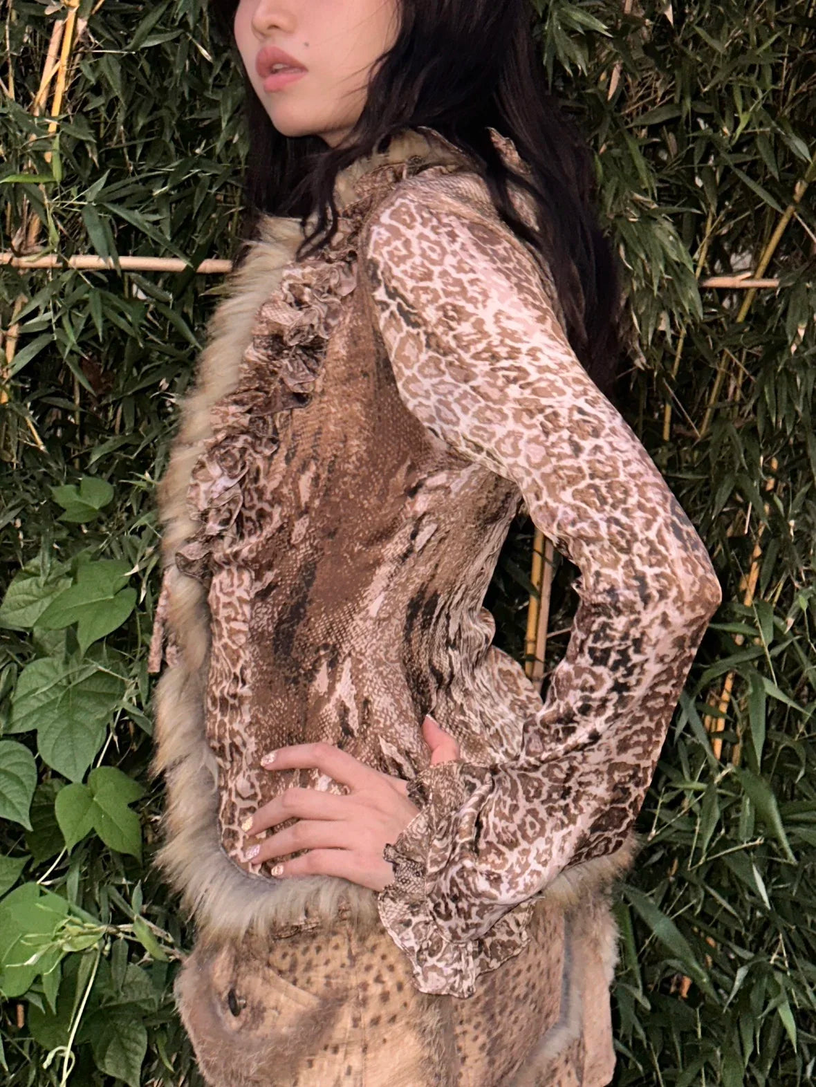 Karrram Japanese Y2k Leopard Print Shirt Vintage Harajuku Fur Shirt Grunge Aesthetics V-neck Irregular Blouses American Retro