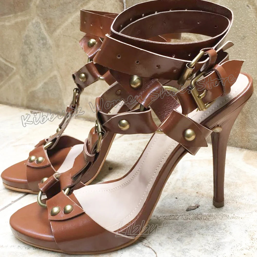 Rivets Belt Buckle Sandals Leather Solid Color Fashion Luxury Concise Sexy Women Shoes Round Toe Thin Heels Outdoor Summer New