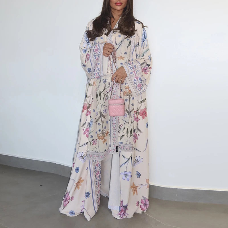 Elegant High Street Swing Vacation Jackets 2025 New Women's V Neck Autumn Coat Floral Print Long Sleeved Loose Muslim Cardigan